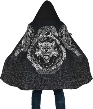 Fenrir Wolf Winter Jackets for Men, 3D Print Viking Tattoo Hooded Cloak, Mid-Length Parka Novelty Outerwear, Horn Buckle Robe