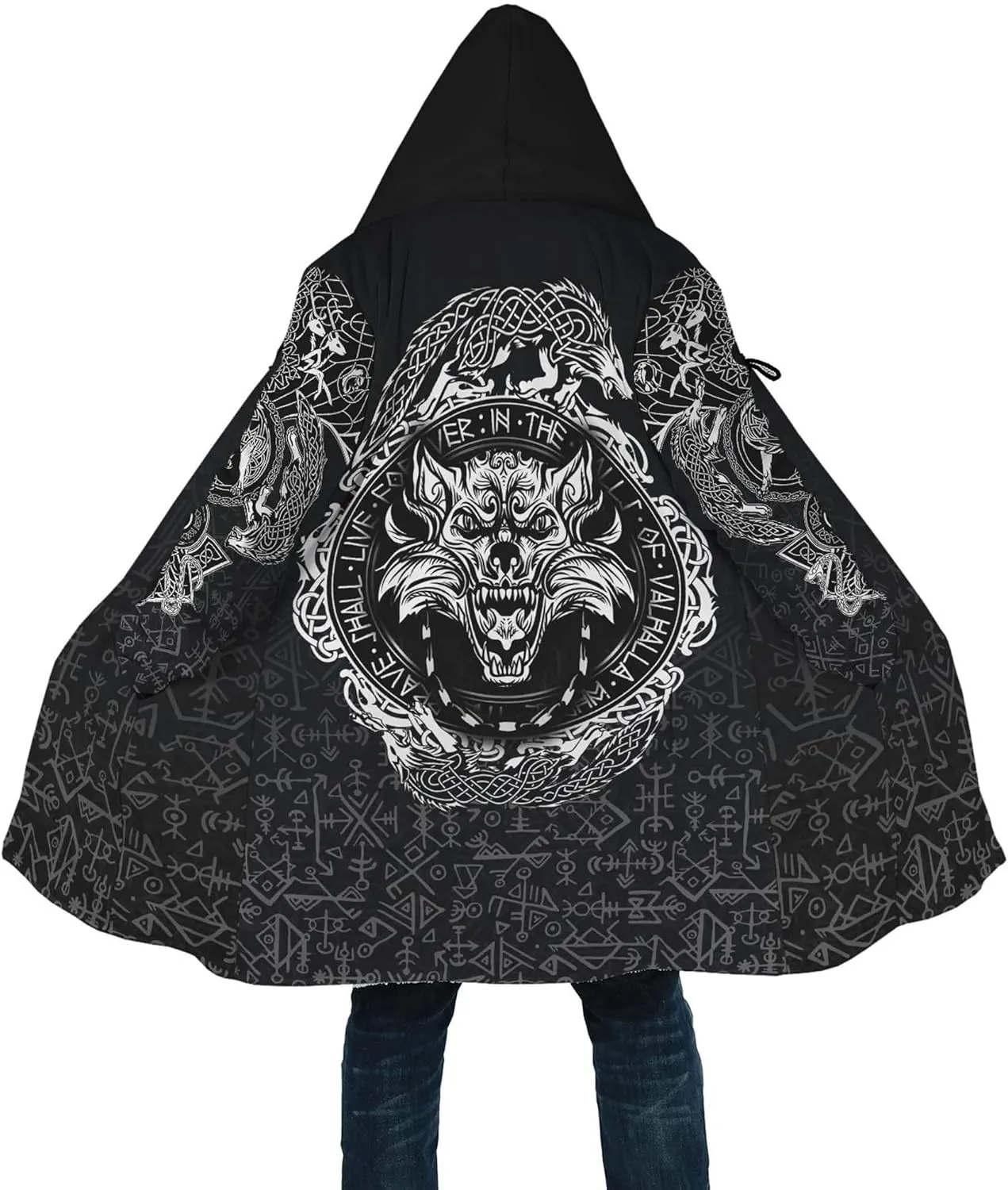 Fenrir Wolf Winter Jackets for Men, 3D Print Viking Tattoo Hooded Cloak, Mid-Length Parka Novelty Outerwear, Horn Buckle Robe