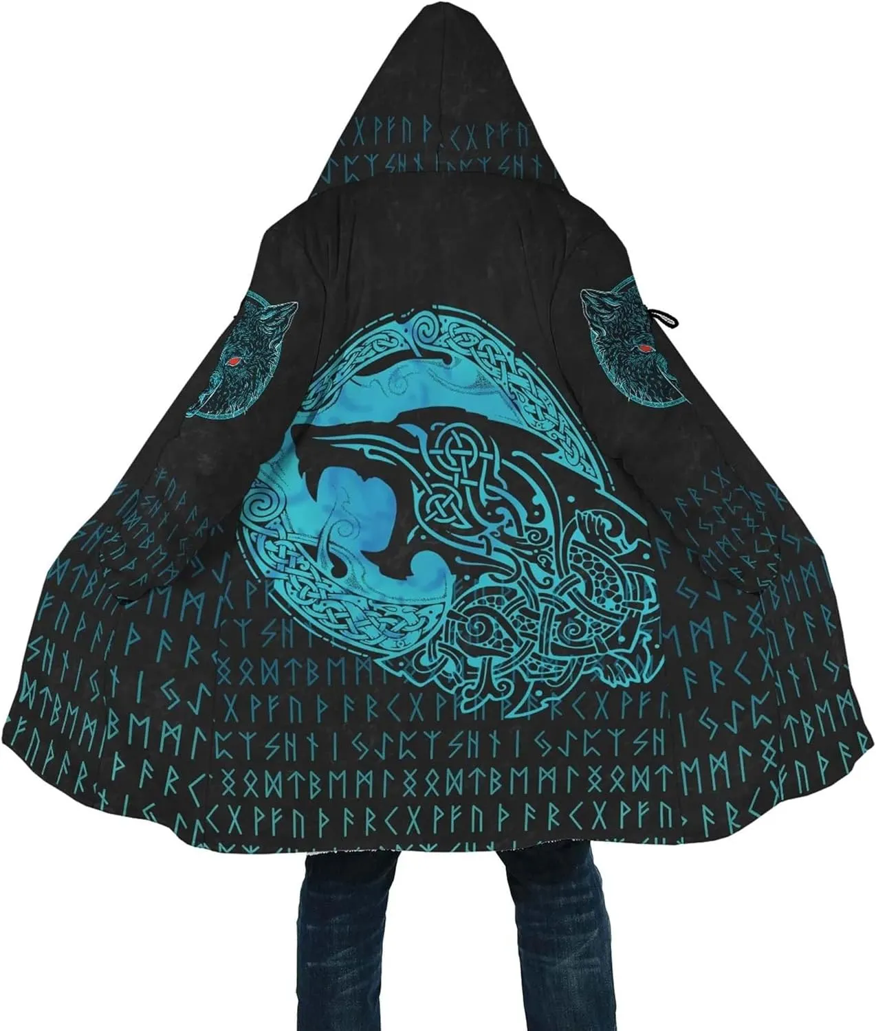 Fenrir Wolf Winter Jackets for Men, 3D Print Viking Tattoo Hooded Cloak, Mid-Length Parka Novelty Outerwear, Horn Buckle Robe