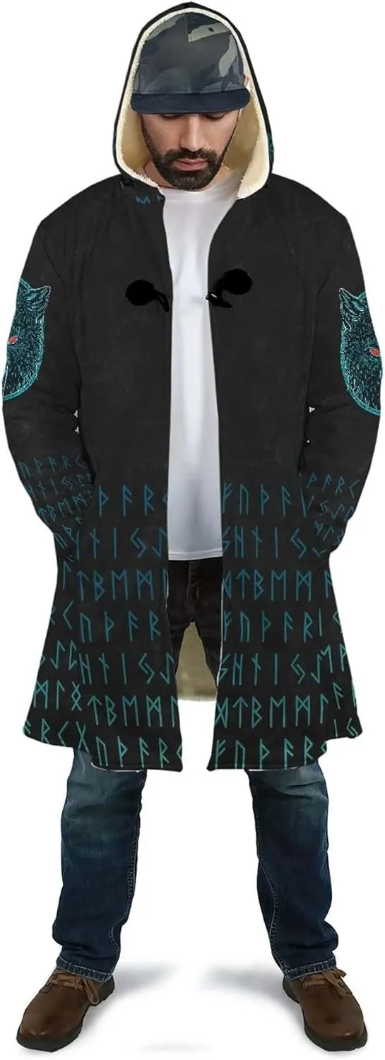 Fenrir Wolf Winter Jackets for Men, 3D Print Viking Tattoo Hooded Cloak, Mid-Length Parka Novelty Outerwear, Horn Buckle Robe