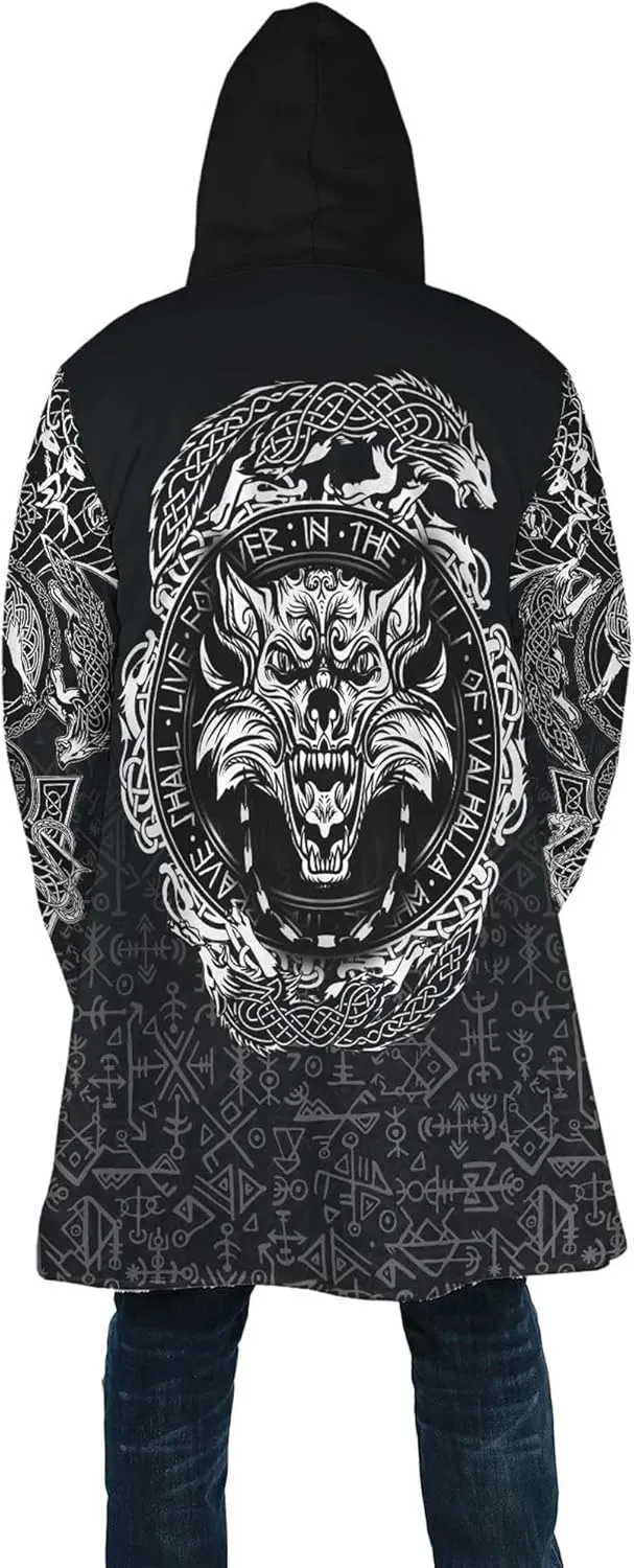 Fenrir Wolf Winter Jackets for Men, 3D Print Viking Tattoo Hooded Cloak, Mid-Length Parka Novelty Outerwear, Horn Buckle Robe