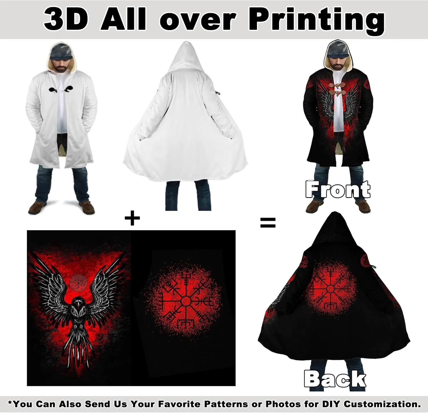 Fenrir Wolf Winter Jackets for Men, 3D Print Viking Tattoo Hooded Cloak, Mid-Length Parka Novelty Outerwear, Horn Buckle Robe