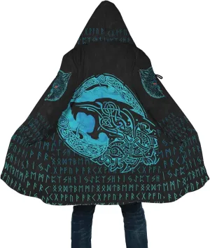 Fenrir Wolf Winter Jackets for Men, 3D Print Viking Tattoo Hooded Cloak, Mid-Length Parka Novelty Outerwear, Horn Buckle Robe