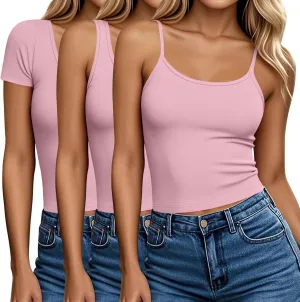 Ficerd 3 Pack Women's Cotton Tops Scoop Neck Short Sleeve T Shirt Summer Slim Fit Tank Top Basic Tight Camisole Tank