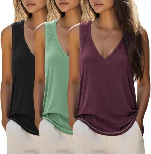 Ficerd 3 Pack Women's Tank Top 2025 Deep V Neck Summer Sleeveless Shirts Cotton Loose Fit Tops Casual Basic Workout Tunic