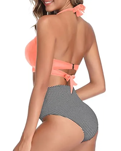 Figure-Flattering High Cut Legs Women's Bikini Swimsuits-Coral Pink Stripe