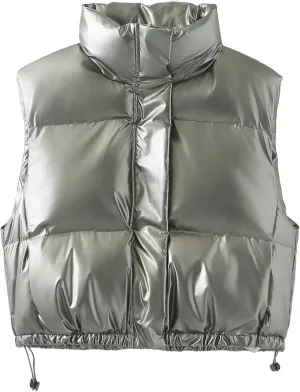 FindThy Womens Cropped Puffer Vest Shiny Metallic Stand Collar Sleeveless Winter Quilted Down Jacket Coat with Pockets