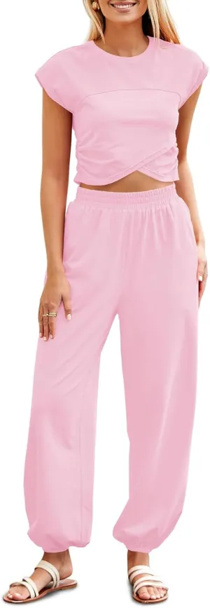 Fisoew Women's Two Piece Outfits Casual Lounge Sets Crop Tops and Joggers Tracksuit with Pockets