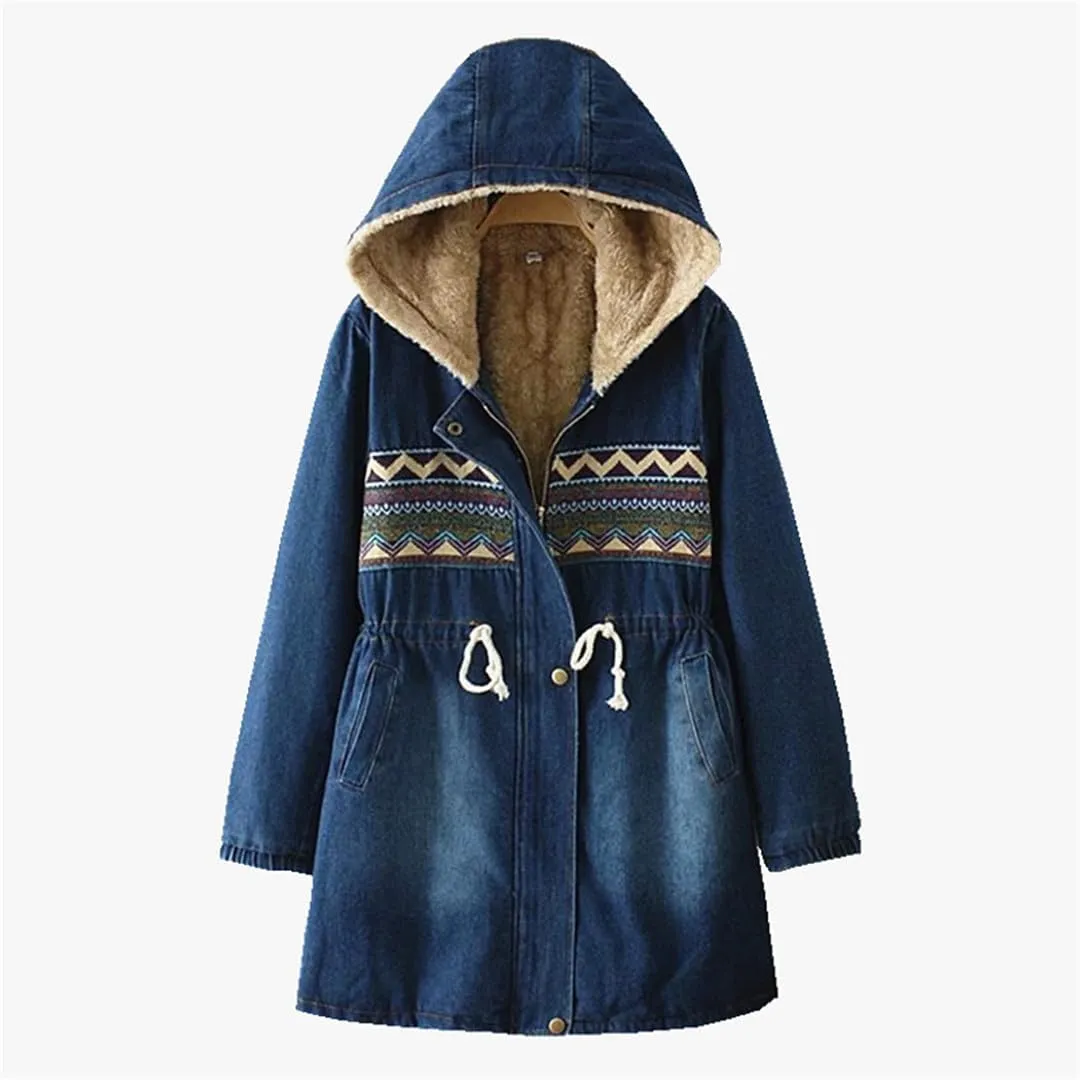 Fjnbbiot Winter Women Denim Coat Casual Loose Hooded Thicken Denim Jackets Warm Long Padded Cotton Parkas Jacket