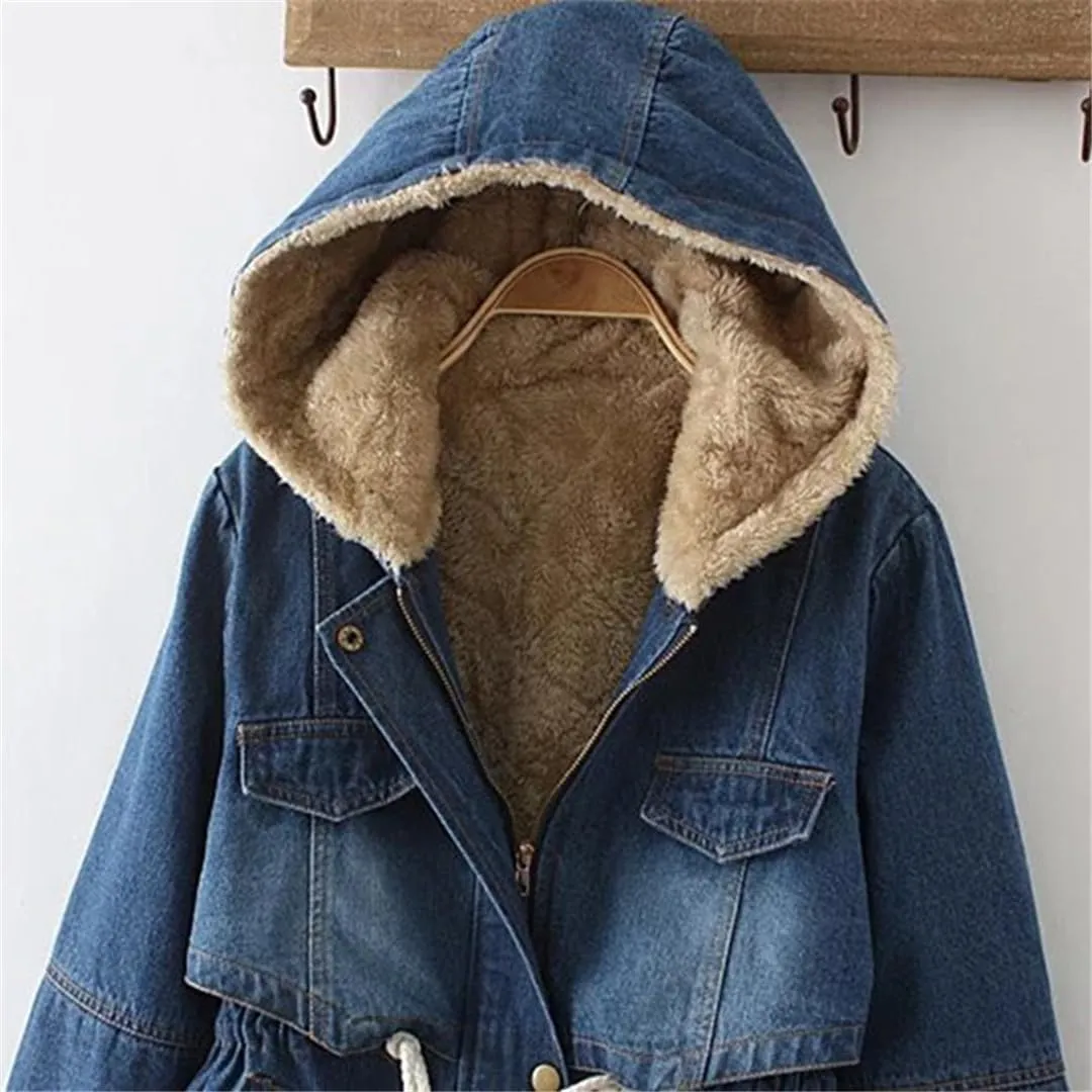 Fjnbbiot Winter Women Denim Coat Casual Loose Hooded Thicken Denim Jackets Warm Long Padded Cotton Parkas Jacket