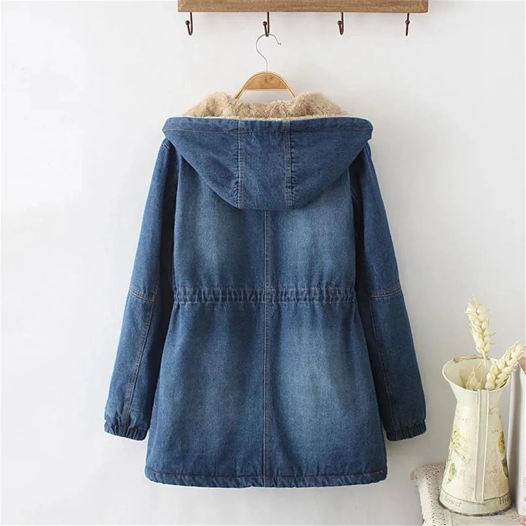 Fjnbbiot Winter Women Denim Coat Casual Loose Hooded Thicken Denim Jackets Warm Long Padded Cotton Parkas Jacket
