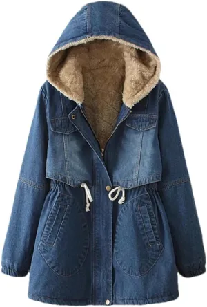 Fjnbbiot Winter Women Denim Coat Casual Loose Hooded Thicken Denim Jackets Warm Long Padded Cotton Parkas Jacket