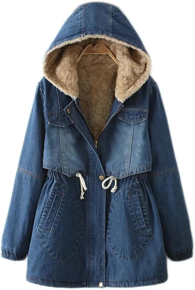 Fjnbbiot Winter Women Denim Coat Casual Loose Hooded Thicken Denim Jackets Warm Long Padded Cotton Parkas Jacket