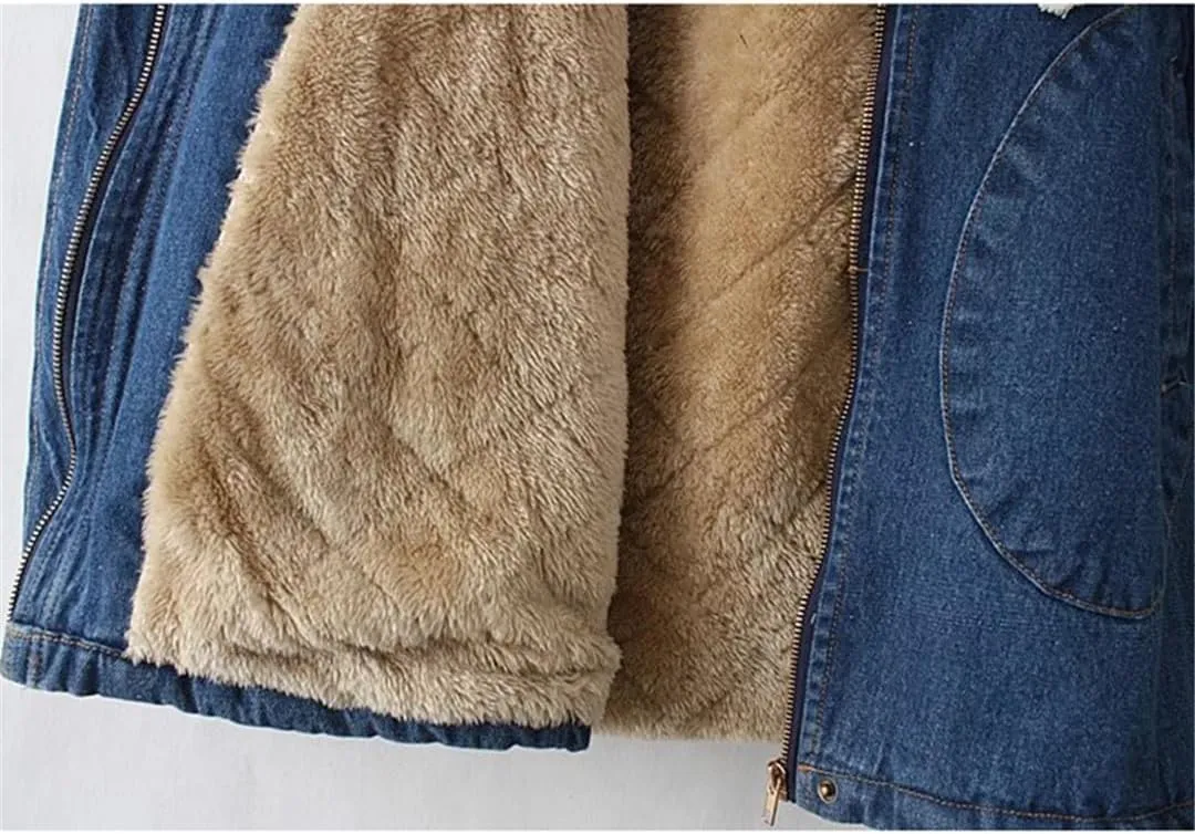 Fjnbbiot Winter Women Denim Coat Casual Loose Hooded Thicken Denim Jackets Warm Long Padded Cotton Parkas Jacket