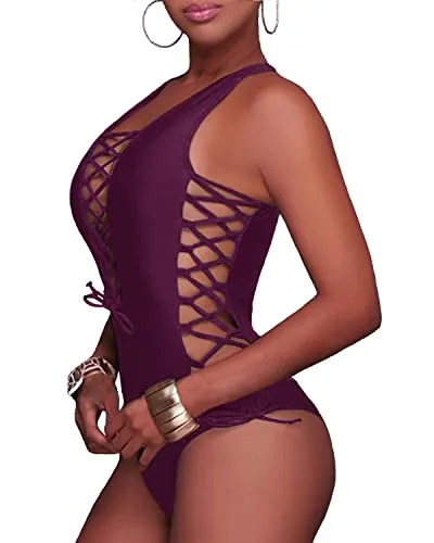 Flattering Cross Back Strappy Cutout One Piece Swimsuits-Maroon