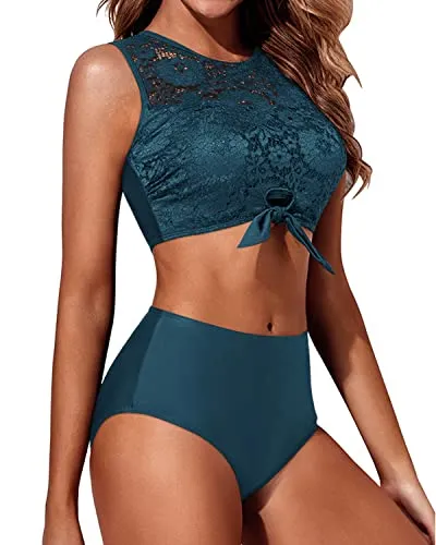 Flattering Tie Knot Front High Neck Lace Women's Bikini Set-Teal