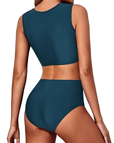 Flattering Tie Knot Front High Neck Lace Women's Bikini Set-Teal