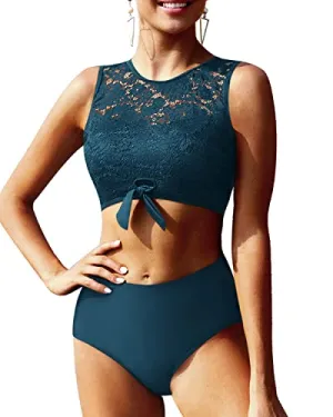 Flattering Tie Knot Front High Neck Lace Women's Bikini Set-Teal
