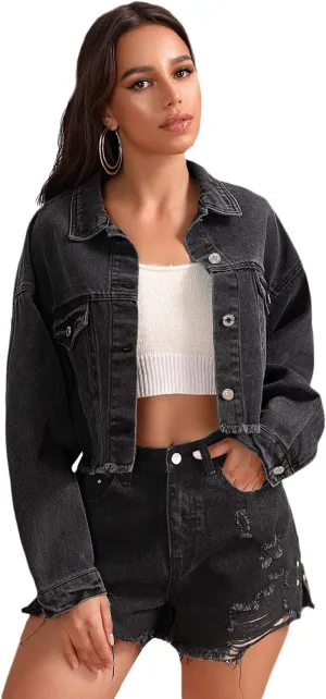 Floerns Women's Casual Drop Shoulder Ripped Crop Denim Jean Jacket