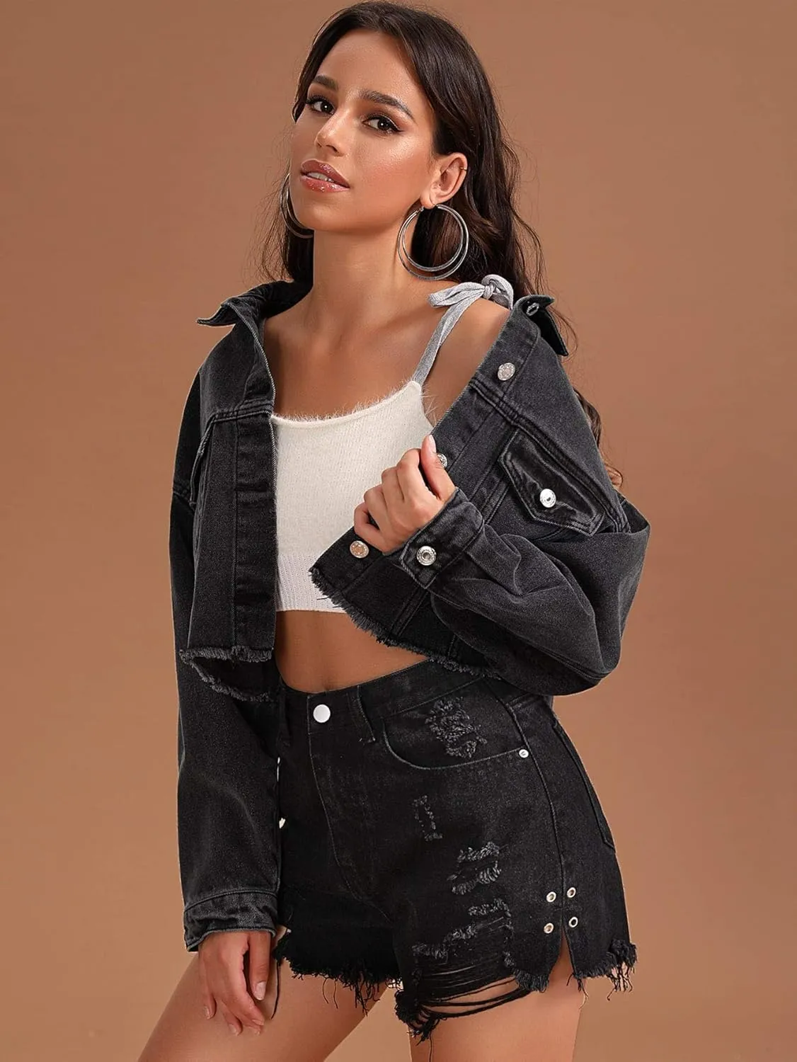 Floerns Women's Casual Drop Shoulder Ripped Crop Denim Jean Jacket