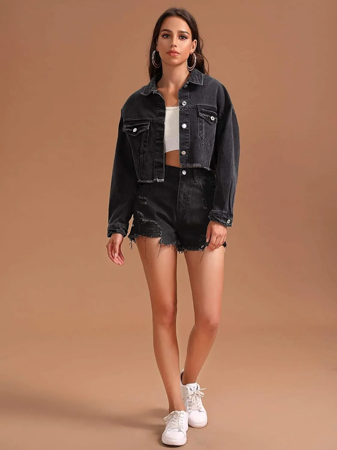 Floerns Women's Casual Drop Shoulder Ripped Crop Denim Jean Jacket