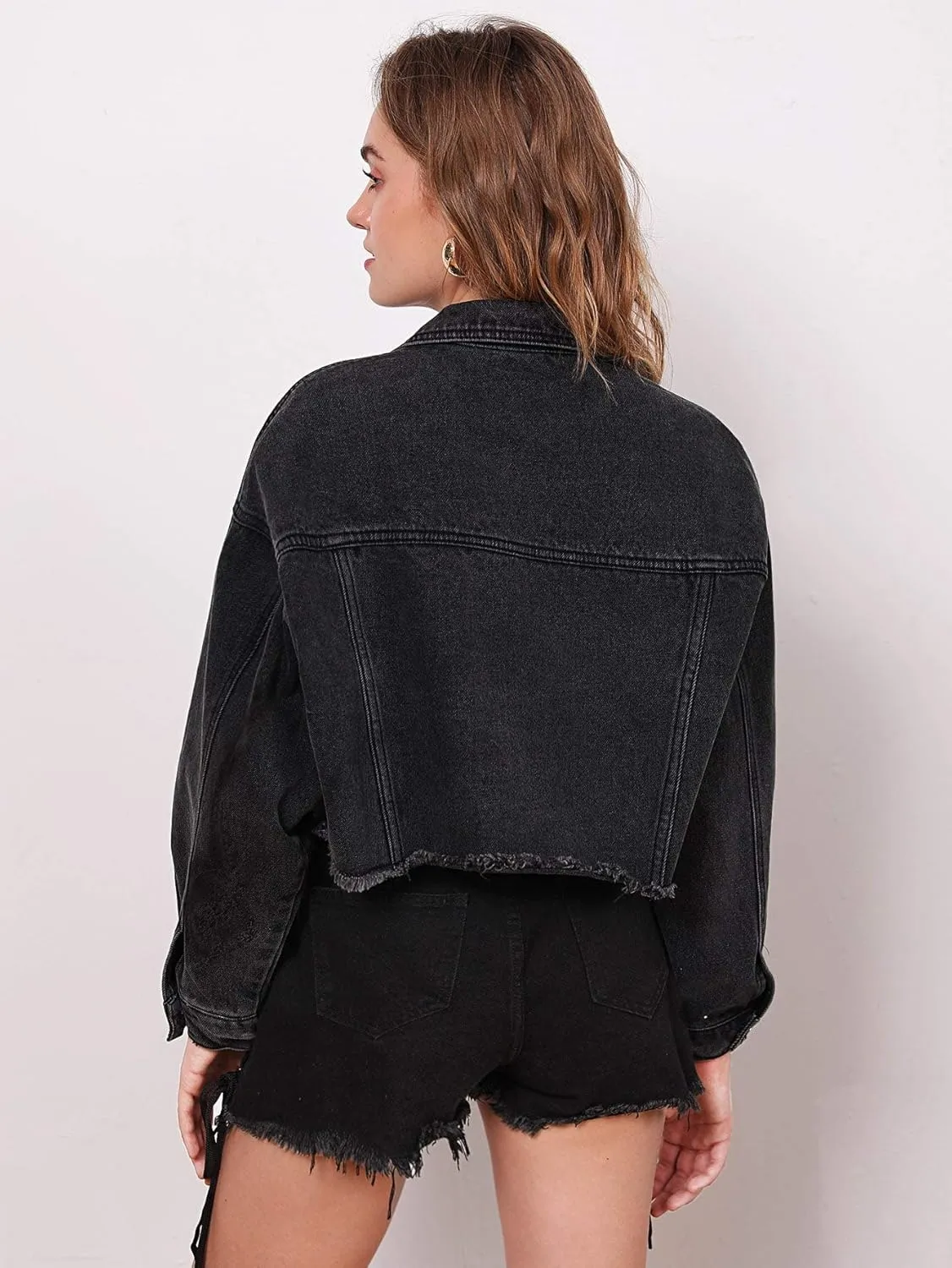 Floerns Women's Casual Drop Shoulder Ripped Crop Denim Jean Jacket