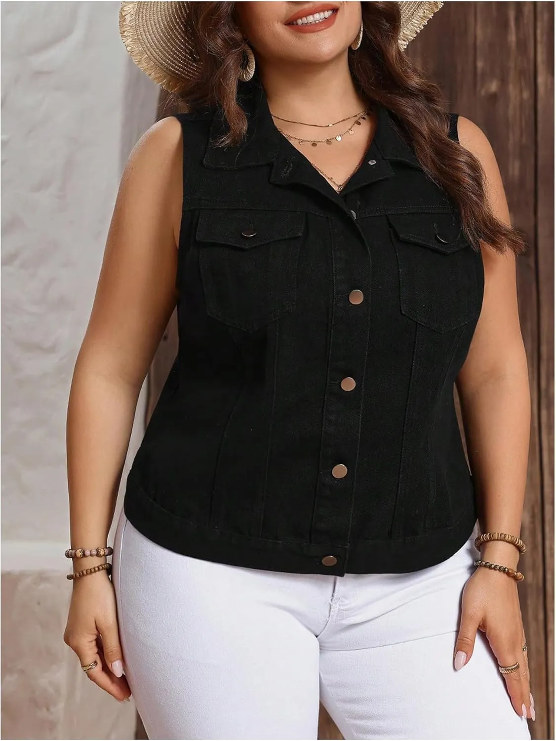 Floerns Women's Plus Size Sleeveless Vests Button Down Denim Jackets with Flap Pockets