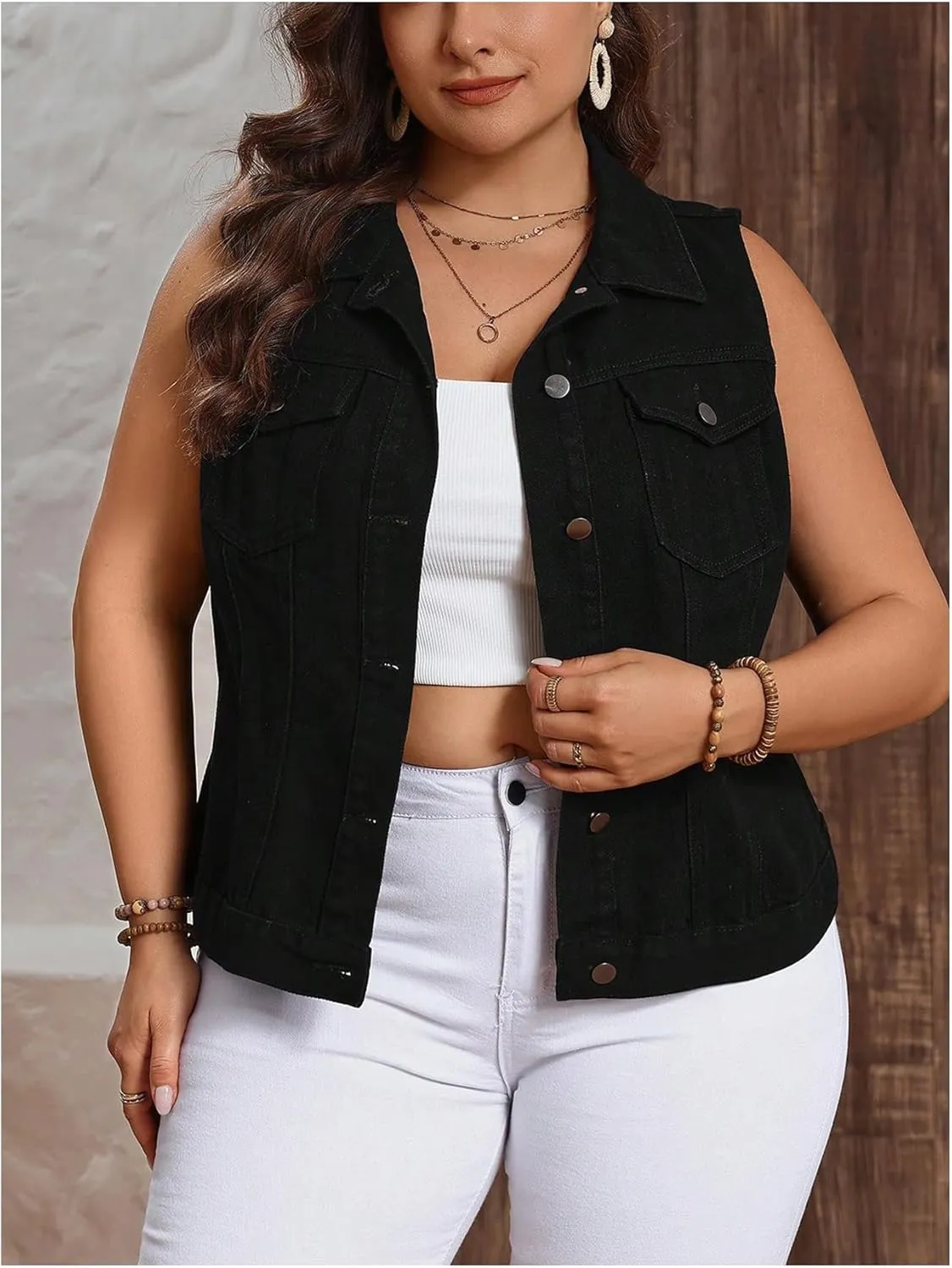 Floerns Women's Plus Size Sleeveless Vests Button Down Denim Jackets with Flap Pockets