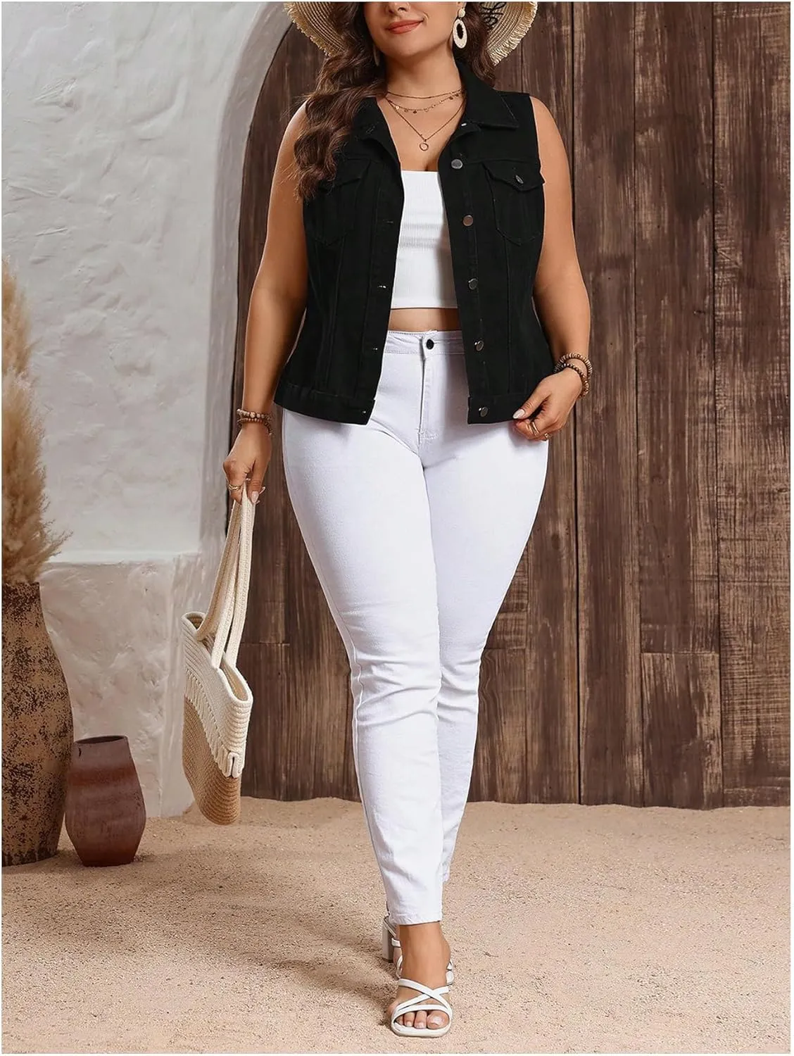 Floerns Women's Plus Size Sleeveless Vests Button Down Denim Jackets with Flap Pockets