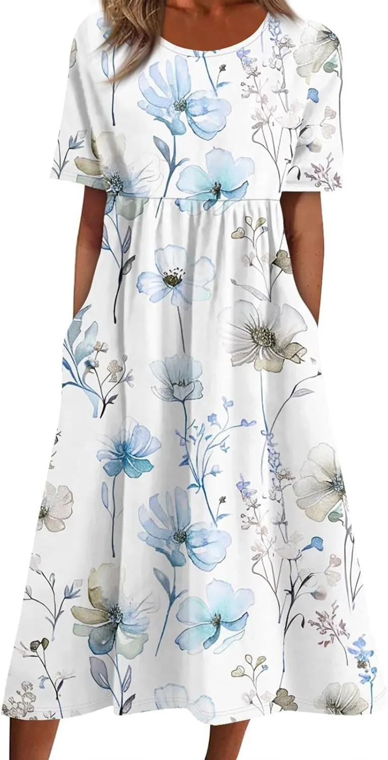 Floral Maxi Dress for Women Short Sleeve Casual Summer Dresses A Line Ruffle Beach Sundress Trendy Boho Clothes
