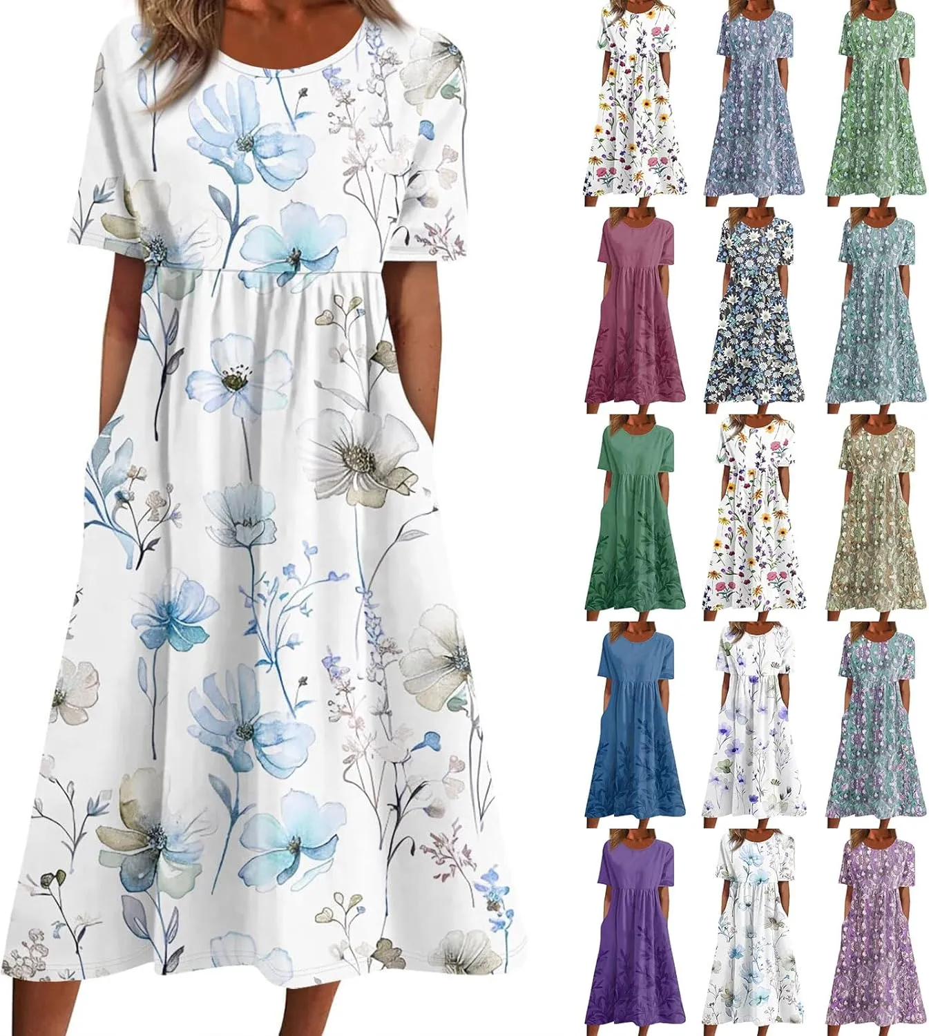 Floral Maxi Dress for Women Short Sleeve Casual Summer Dresses A Line Ruffle Beach Sundress Trendy Boho Clothes