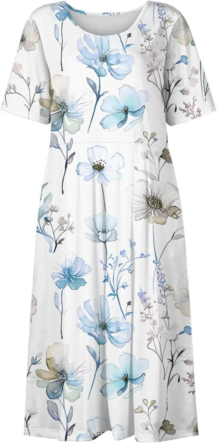 Floral Maxi Dress for Women Short Sleeve Casual Summer Dresses A Line Ruffle Beach Sundress Trendy Boho Clothes