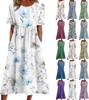 Floral Maxi Dress for Women Short Sleeve Casual Summer Dresses A Line Ruffle Beach Sundress Trendy Boho Clothes