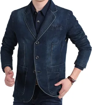 Flygo Men's Casual 3 Buttons Denim Blazer Slim Lapel Washed Denim Suit Jacket