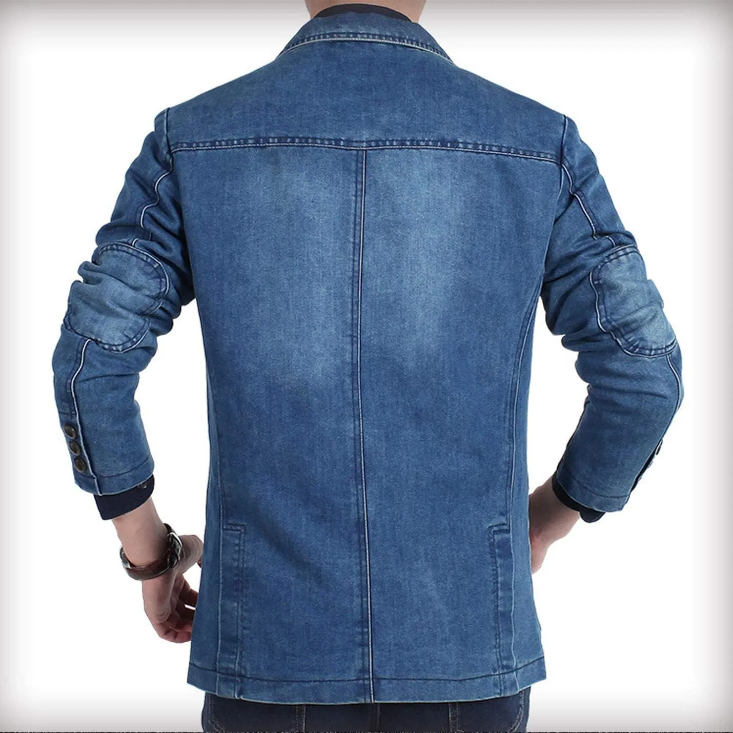 Flygo Men's Casual 3 Buttons Denim Blazer Slim Lapel Washed Denim Suit Jacket