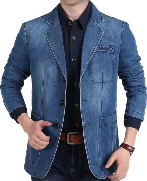 Flygo Men's Casual 3 Buttons Denim Blazer Slim Lapel Washed Denim Suit Jacket
