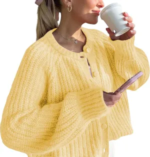 Flygo Women's Cardigan Sweater 2024 Fall Winter Chunky Long Sleeve Button Open Front Knit Solid Loose Cardigans Sweaters(Yellow-L)