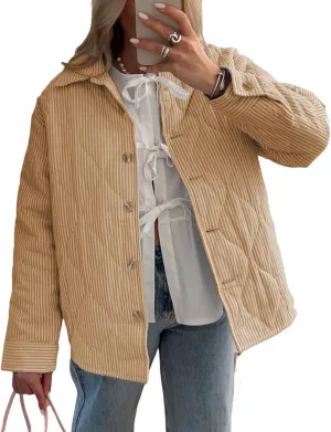 FOMOYUU Women Y2K Quilted Jacket Turn Down Collar Striped Print Button Padded Coat Lightweight Long Sleeve Puffer Outwear