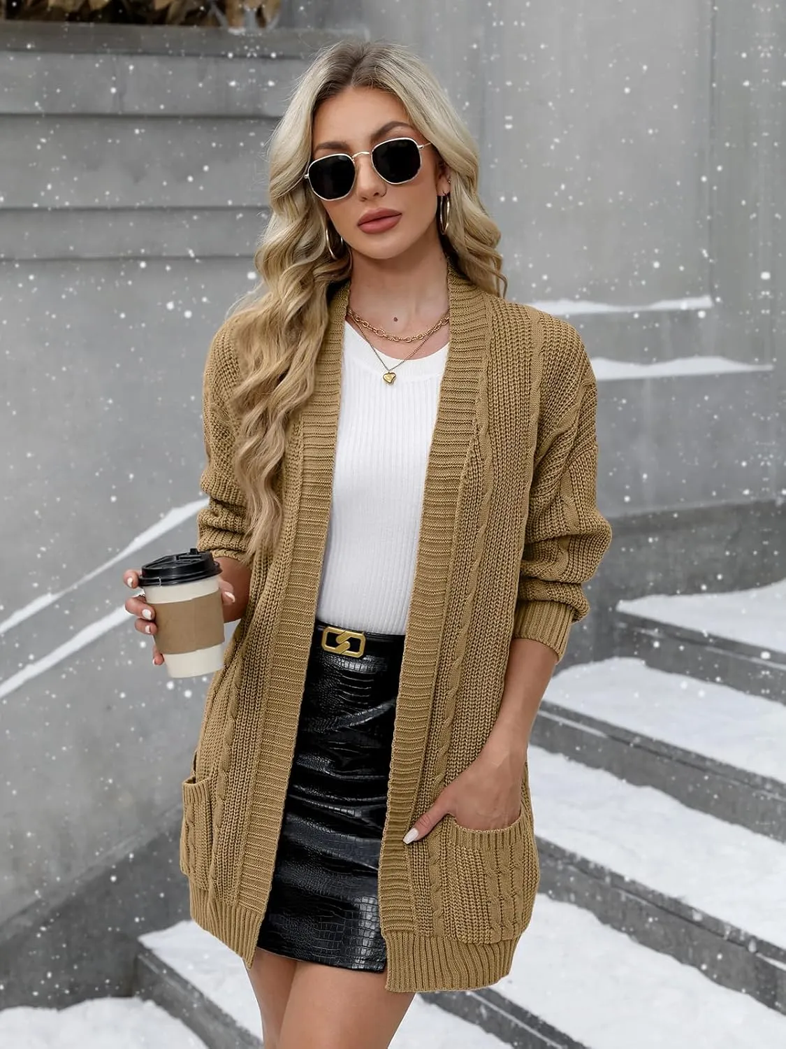 For G and PL Women's V-Neck Long Sleeve Cardigan Cable Knit Open Front with Pockets Sweater Outerwear