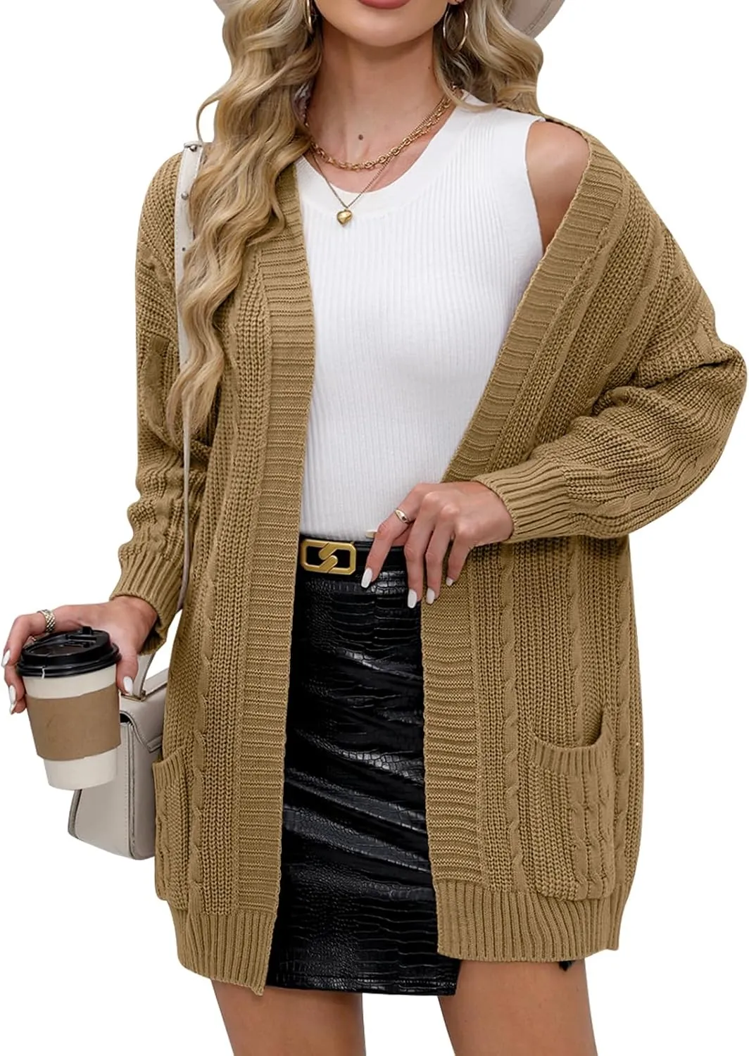 For G and PL Women's V-Neck Long Sleeve Cardigan Cable Knit Open Front with Pockets Sweater Outerwear