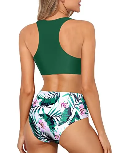 Full Coverage High Neck Racerback Two Piece Bikini Set-Green Tropical Floral