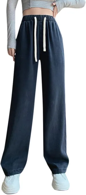 FZVYD Women's Elastic Waisted Jeans High Waisted Wide Leg with Pockets Soft Breathable Baggy 2025 Trendy Pull On Denim Pants