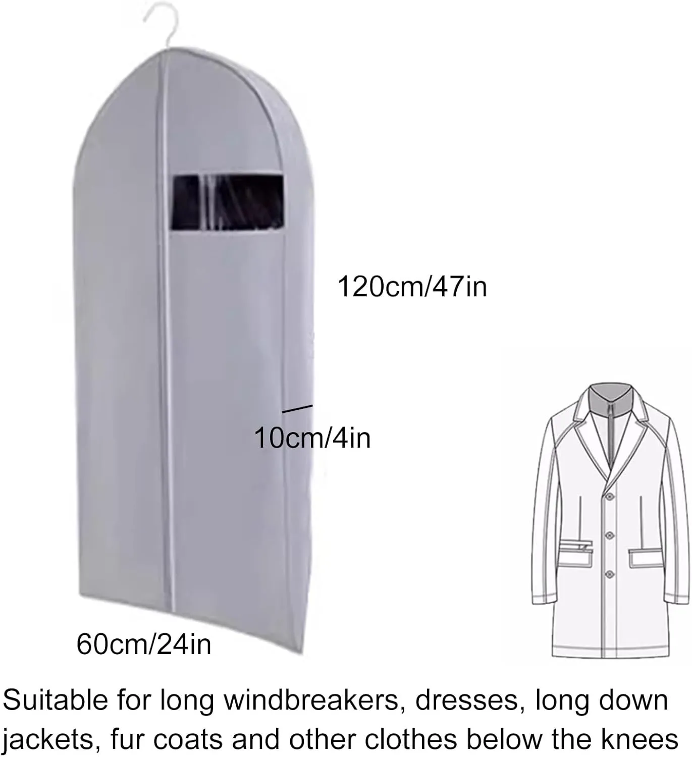 Garment Bags for Hanging Clothes, Garment Covers with Transparent Window, Suitable for Down Jackets, fur Coats, Thick Clothing(Gray,60x10x120cm/24x4inx51in)