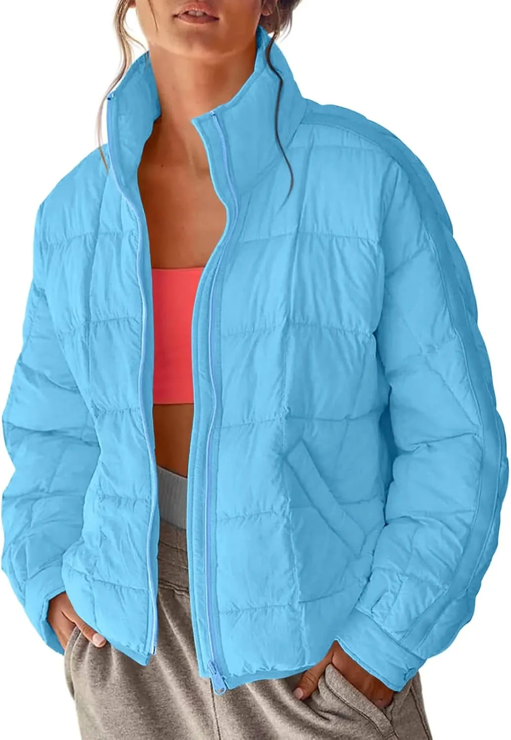 GeGekoko Women's Lightweight Oversized Long Sleeve Zip Water Resistant Packable Puffer Jacket Warm Short Winter Coat