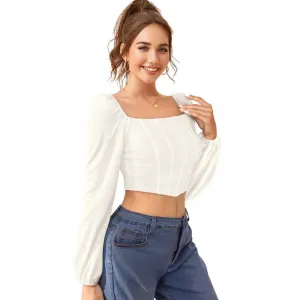 Generic Women's Polyester Solid Long Sleeves Square Neck Top (White)