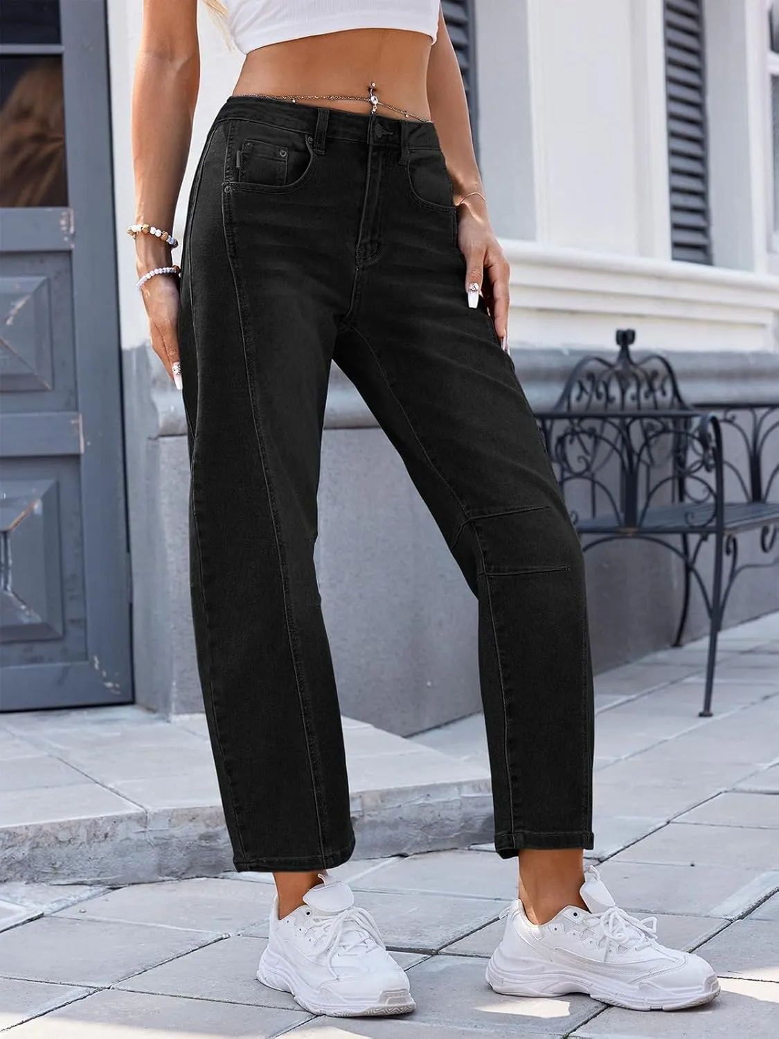 Genleck Barrel Jeans Women Wide Leg Cropped Jeans High Waisted Baggy Boyfriend Mom Denim Ankle Pants with Pockets
