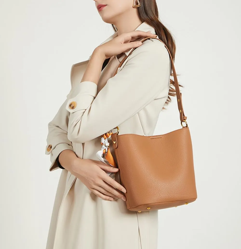 Genuine Leather Bucket Crossbody Bags for Women - Stylish Hobo Purses & Handbags - 2PCS Set in Yellow