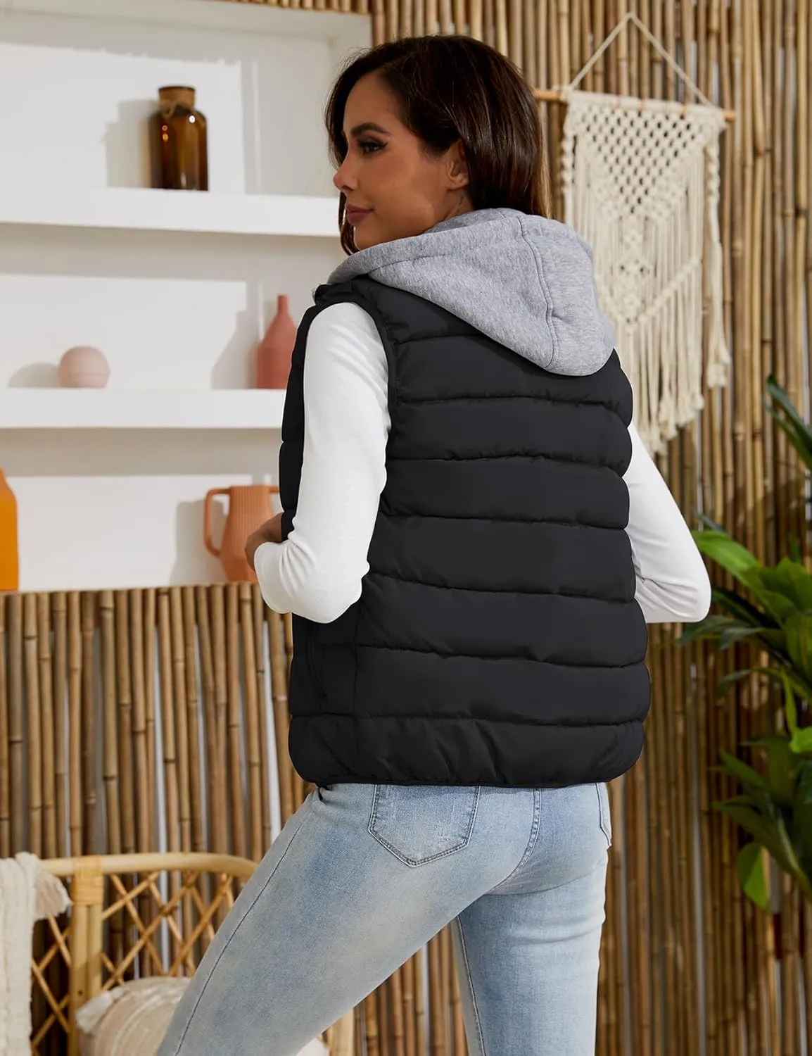 Gihuo Women's Puffer Vest Zip Up Quilted Padded Winter Sleeveless Hooded Vest Gilet Warm Jacket Outerwear Vest