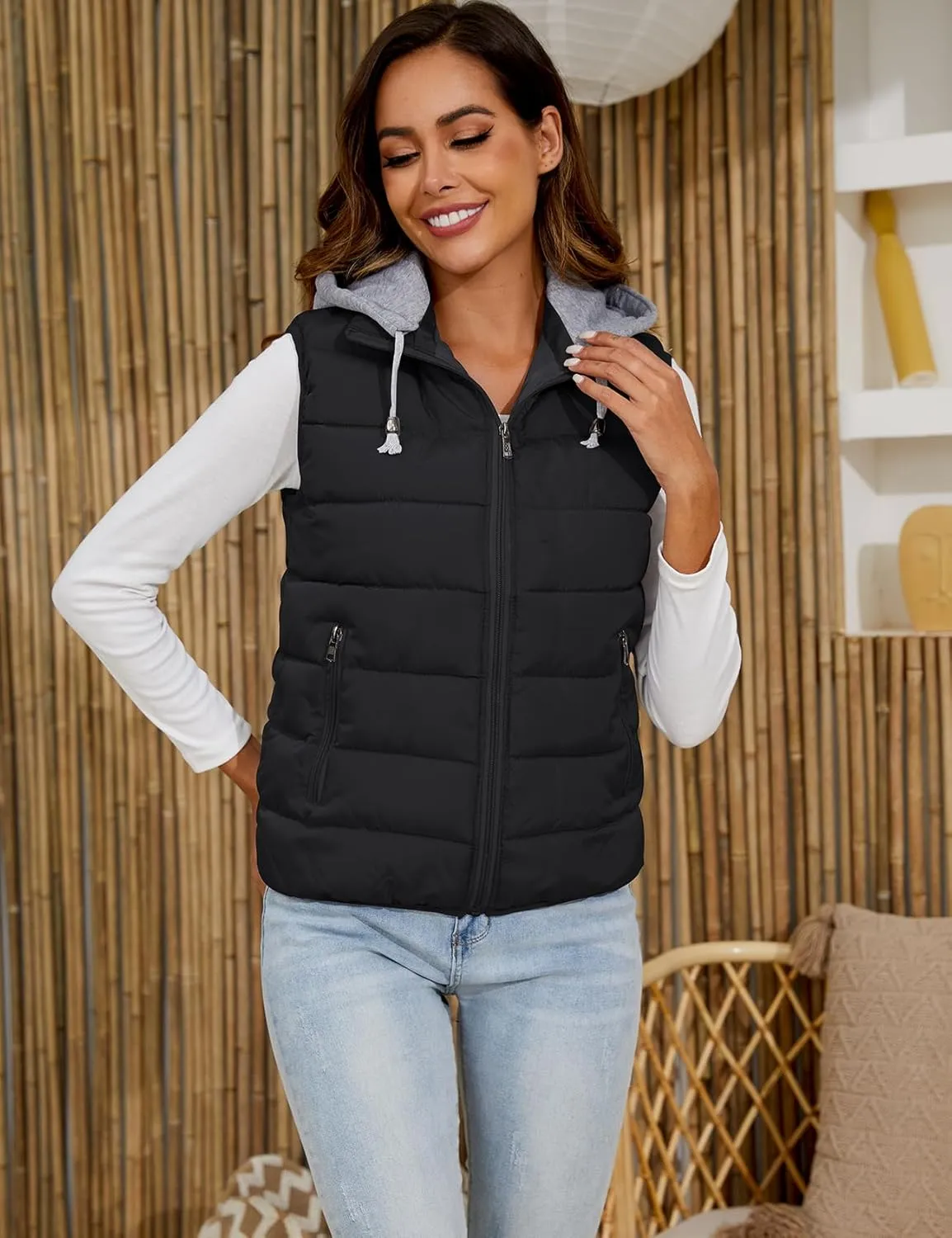 Gihuo Women's Puffer Vest Zip Up Quilted Padded Winter Sleeveless Hooded Vest Gilet Warm Jacket Outerwear Vest