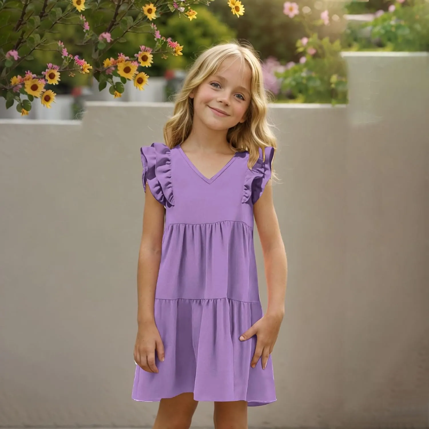 Girls Ruffle Sleeve Dresses Casual 2025 Tiered A-Line Flowy Swing Sundress Tween Summer Outfits Size 4-14 Years